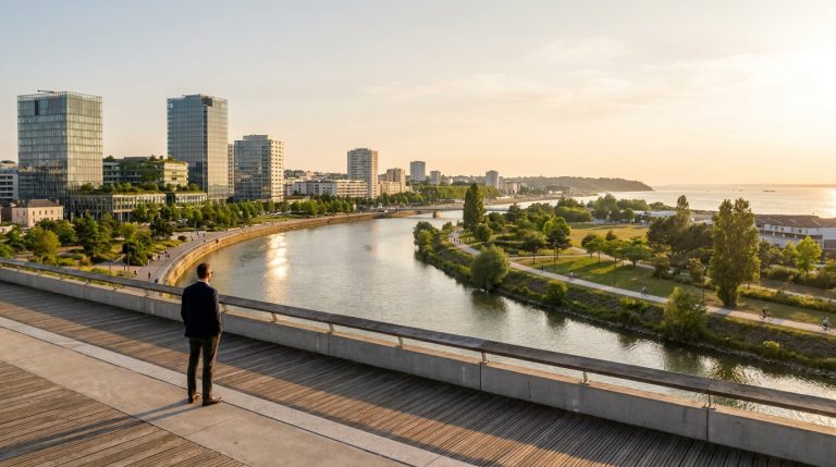 Un homme observe le panorama urbain de Nantes et les bords de Loire au coucher du soleil.