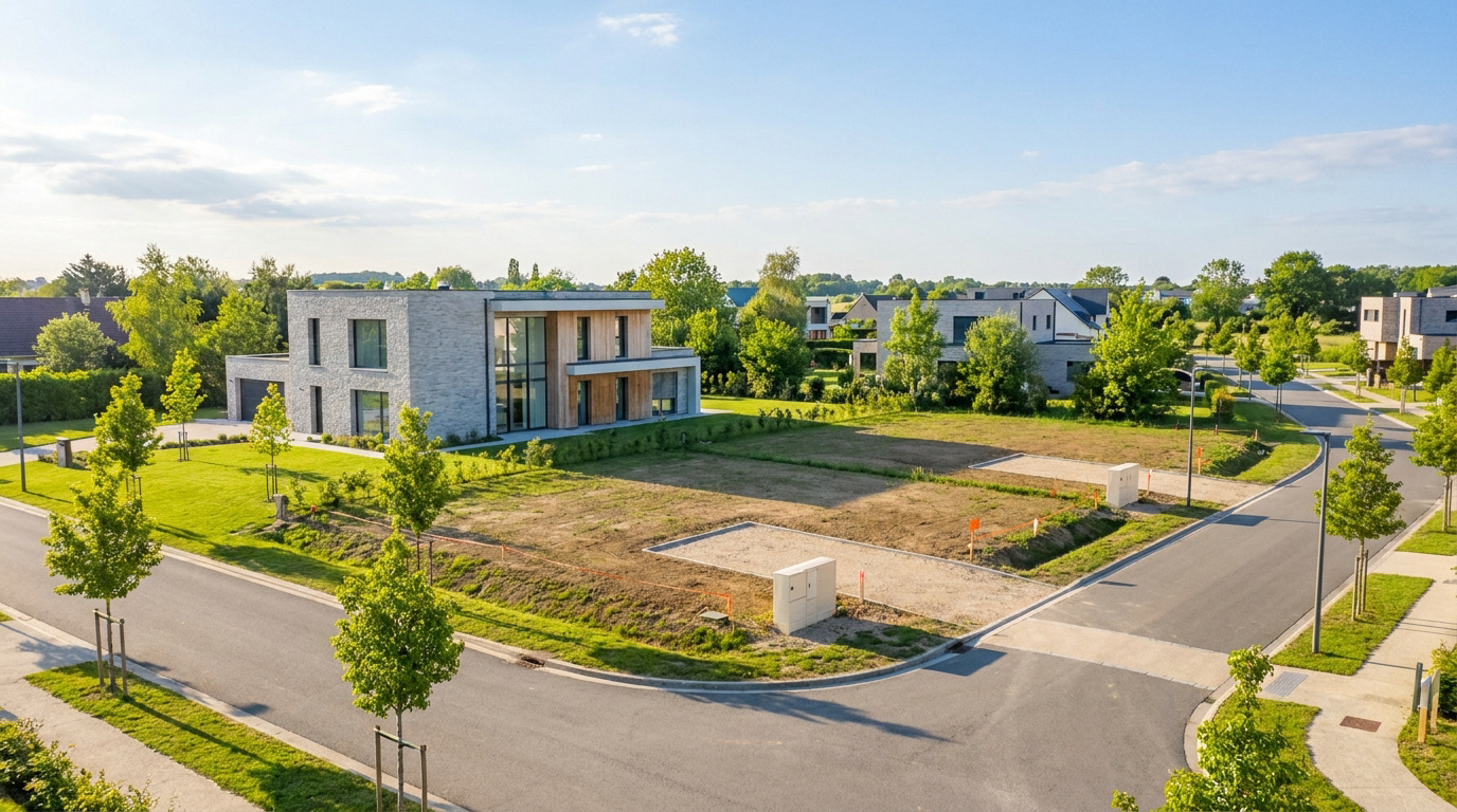Vue aérienne d'un lotissement moderne à Olivet avec une maison contemporaine et des terrains constructibles.
