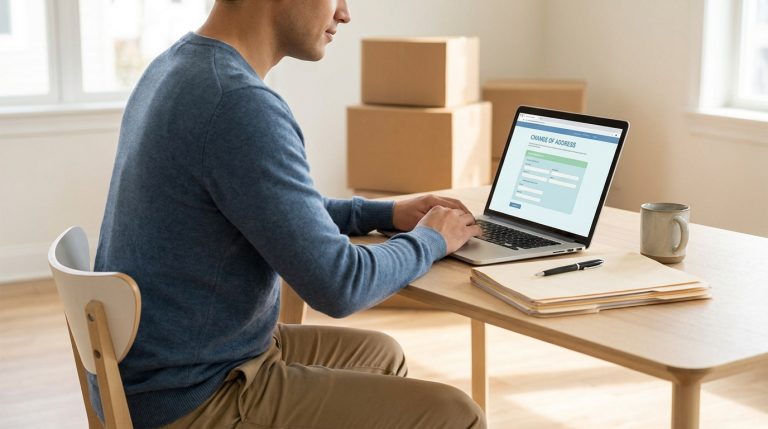 Un homme effectue ses démarches de changement d'adresse en ligne sur son ordinateur portable entouré de cartons.