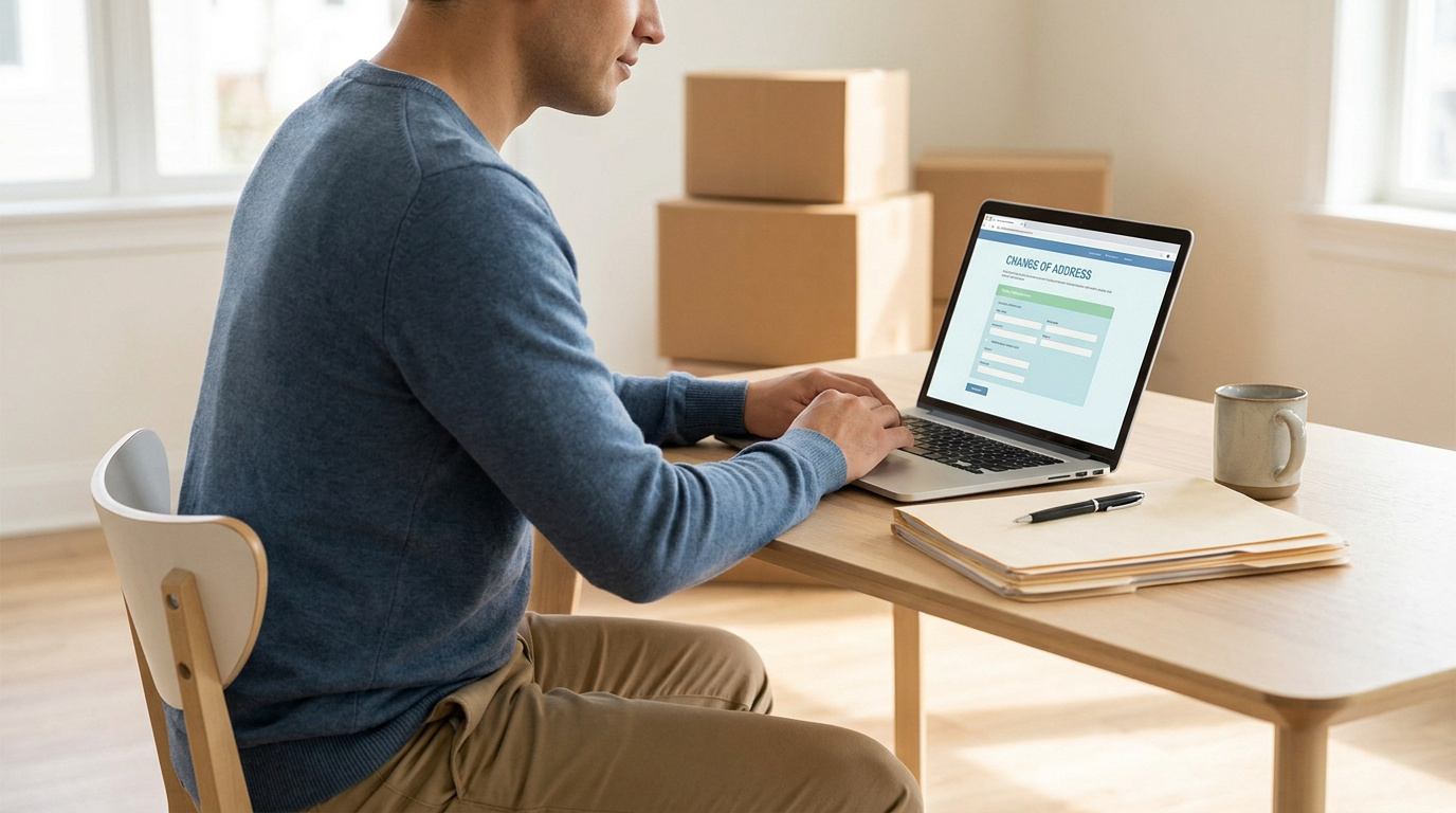 Un homme effectue ses démarches de changement d'adresse en ligne sur son ordinateur portable entouré de cartons.