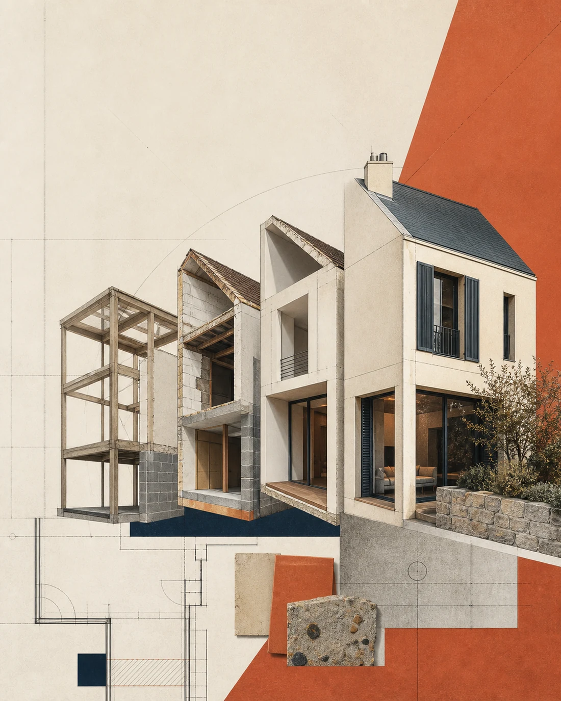 Maison contemporaine présentée comme une coupe architecturale, de la structure au bâtiment achevé